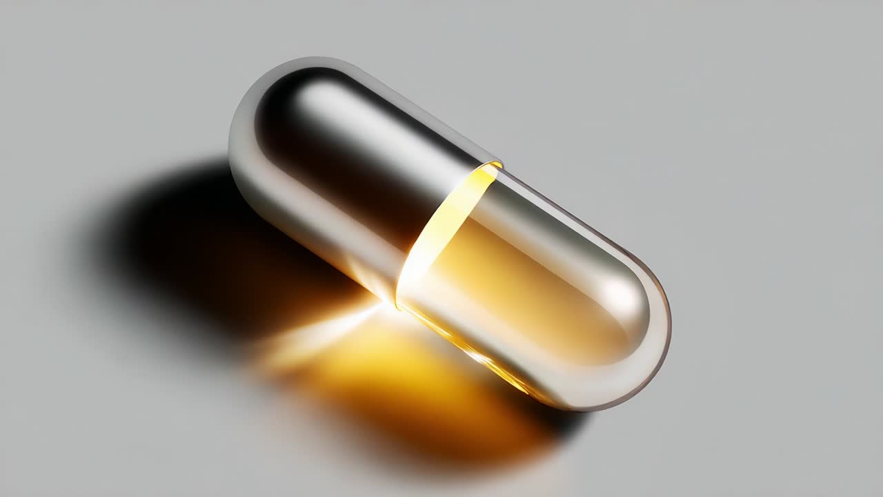 Shimmering Capsule: A Close-Up Exploration of a Glossy, Transparent Pill Captivating Light through Its Golden Hue, Emphasizing the Sleek Design and Intricate Details of Modern Pharmaceutical Artistry