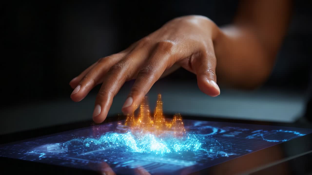 Innovative Technology in Action: A Close-Up of a Hand Manipulating a Vibrant Holographic Cityscape Displayed on a Tablet, Showcasing Exciting Advancements in Interactive Digital Environments