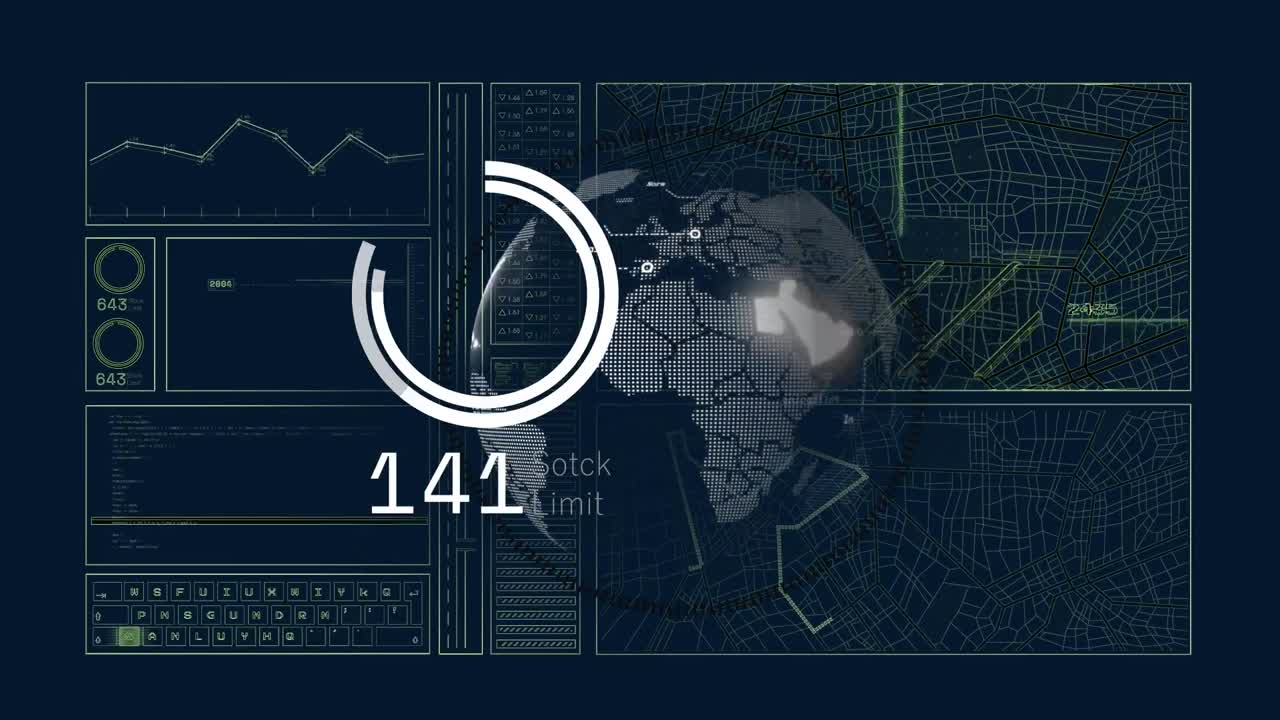 animación del alcance, el globo y el procesamiento de datos por computadora sobre un fondo oscuro