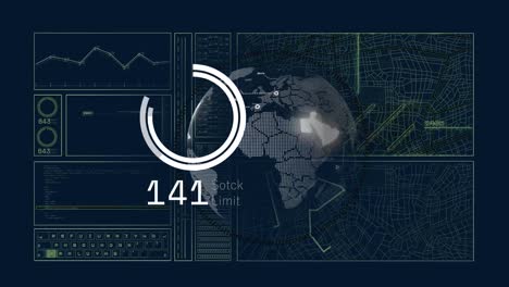 animación del alcance, el globo y el procesamiento de datos por computadora sobre un fondo oscuro
