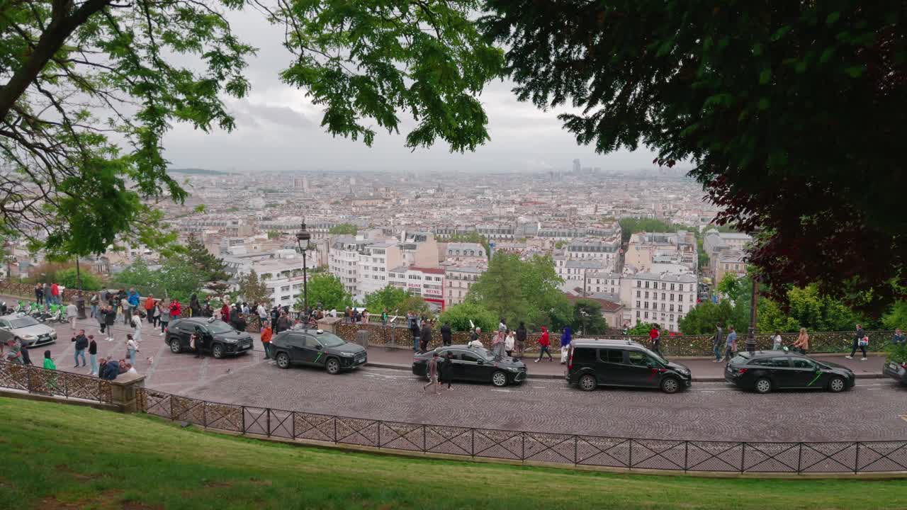 Popular Tourist Attraction At Montmartre Viewpoint Overlooking The City In Paris, France. high angle, wide shot