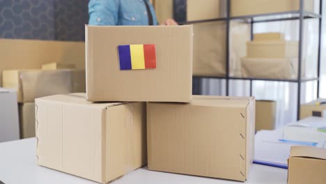 romanian flag on logistic cargo package.