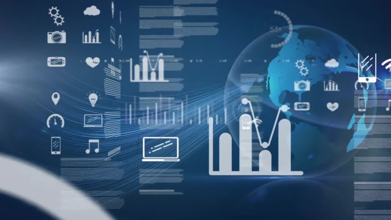 animación de múltiples iconos y base de datos en todo el mundo contra un fondo azul