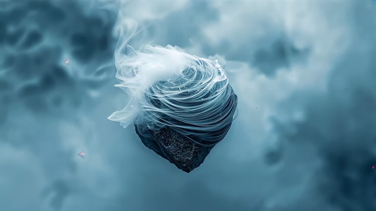 Floating dark rock unfurling white filament crown above clouds, plume starting to trail, drifting