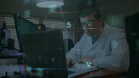 Animation of cyber attack warning over scientist using computer