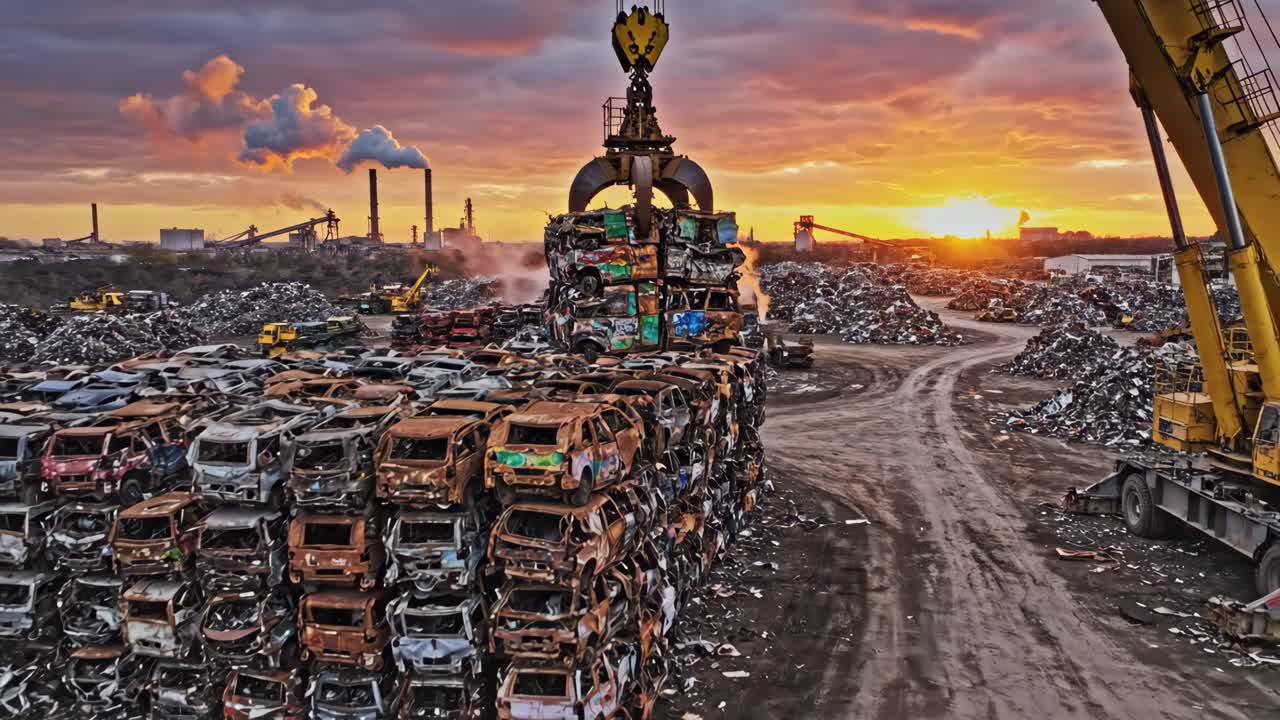 Aerial View of a Scrapyard at Sunset