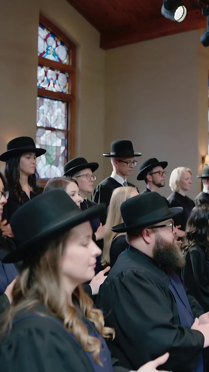 Video verticale: Coro che si gira e applaude dopo il canto in cappella sotto le luci del palco, indossando tuniche.