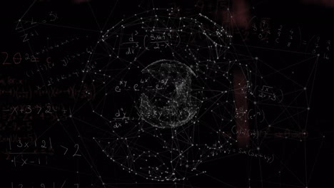 animación del globo de la red de conexiones y ecuaciones matemáticas contra fondo negro