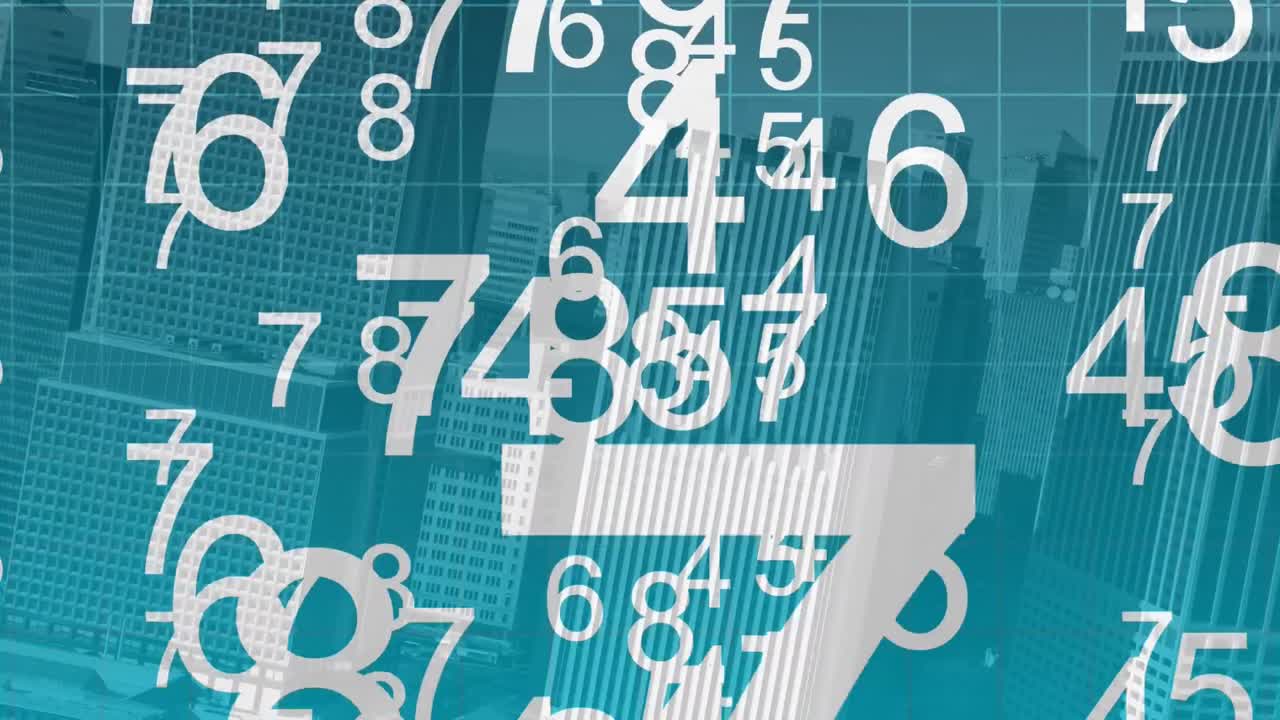 múltiples números cambiantes a través de la red de red contra edificios altos en el fondo