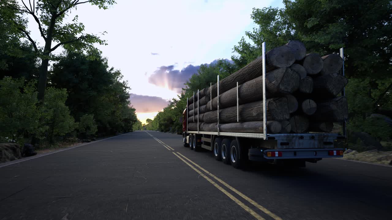 Transports Heavy Logs Down An Empty Asphalt Highway Crossing The Beautiful Forest, Freight Truck Hauls Heavy Logs Down The Rural Freeway