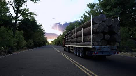 transports heavy logs down an empty asphalt highway crossing the beautiful forest, freight truck hauls heavy logs down the rural freeway