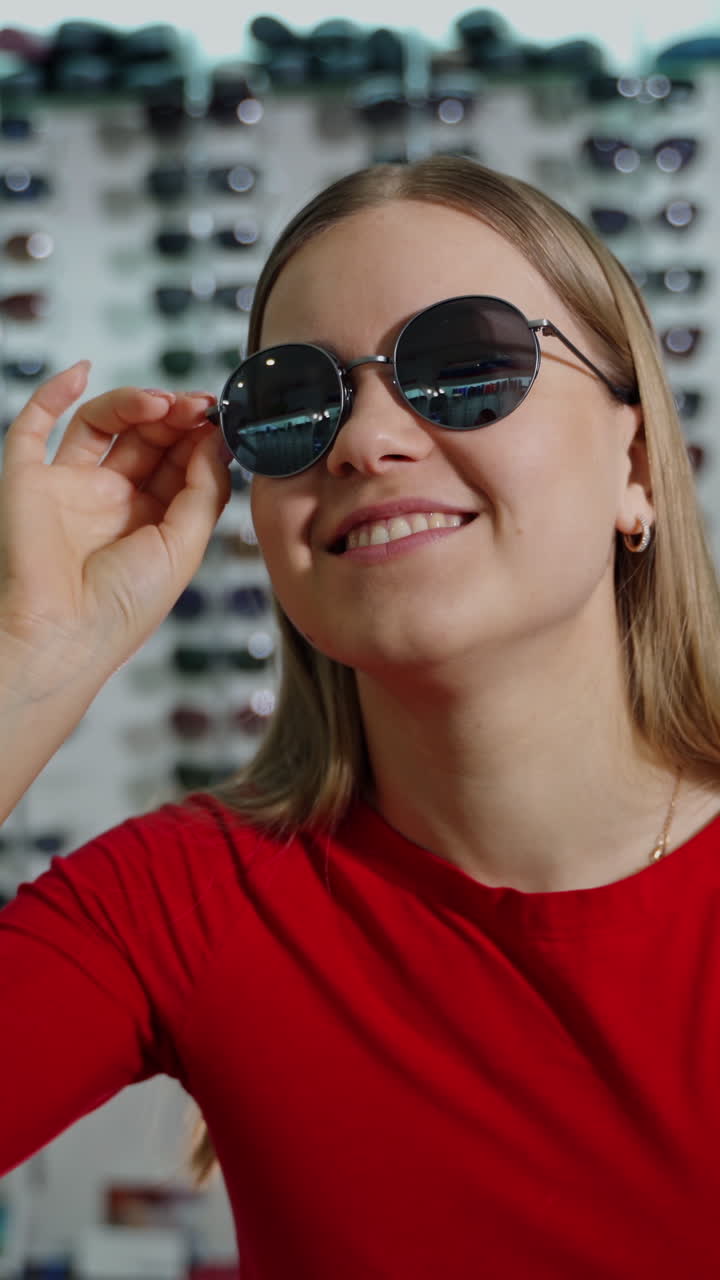 Portrait of smiling girl in black sunglasses. Attractive young woman is trying on stylish eyeglasses on the background of new spectacles at optical store. Vertical video