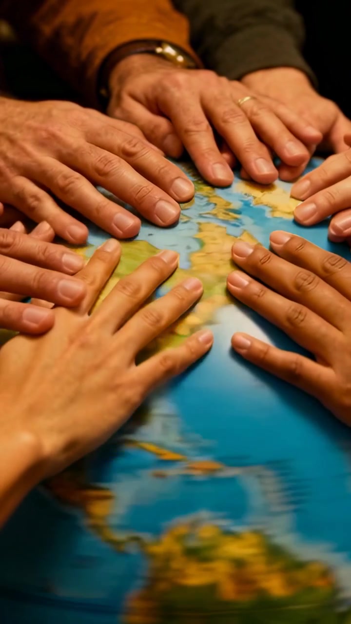 Vertical video: Placing family hands reacting to globe spin on table with watch ring orange sleeve