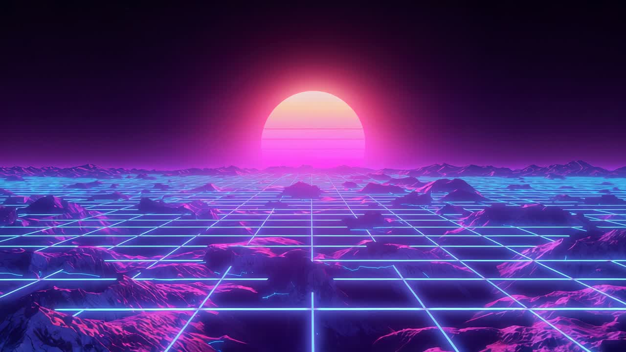 At start camera gliding over neon wireframe grid and rising pink sun revealing mountain ridges