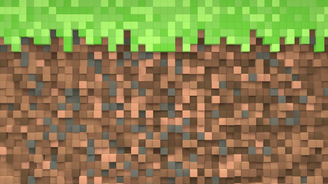 cubos abstractos en 3d. patrón de ondas de mosaico geométrico. construcción de paisajes de colinas usando bloques de hierba marrón y verde. fondo de píxeles. estilo minecraft. bucle de animación en 3d de 4k