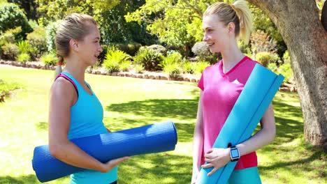 mujeres hermosas sosteniendo esteras de ejercicio e interactuando entre sí