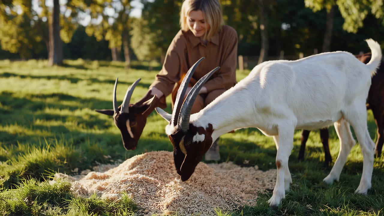A Woman Feeding Goats in a Sunny Green Field