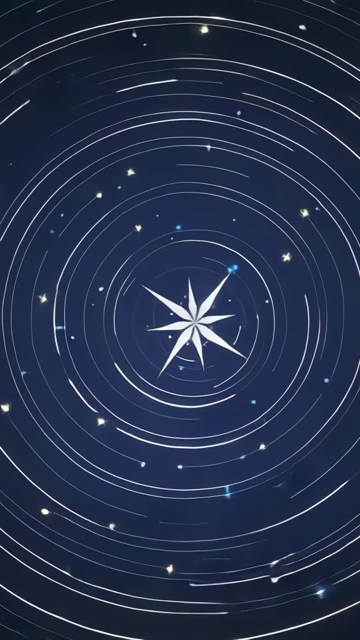 Vertical video: Emerging white star launching rings spinning, drifting glowing specks on navy field