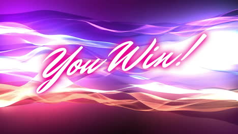 animation of you win text over light trails on purple background
