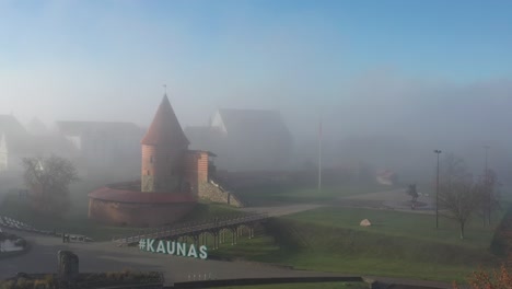 kaunas old town skyline during strong fog