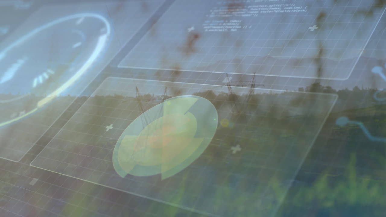 Animation of digital interface with graphs over natural landscape background