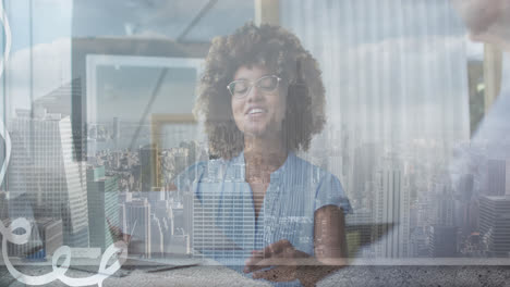 animation of african american woman in office and cityscape