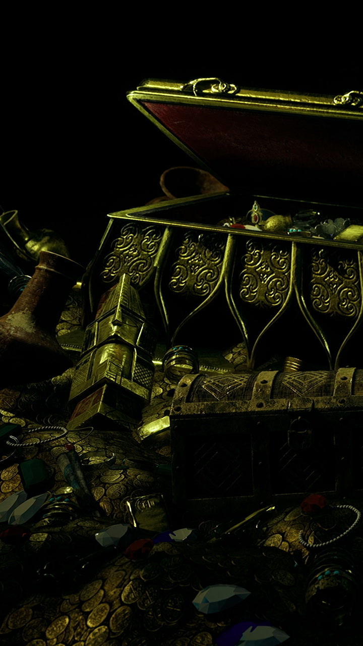 Hidden treasures lie beneath a mystical canopy of shadows and riches