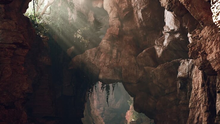 Mysterious Cave with Sunlight Streaming Through
