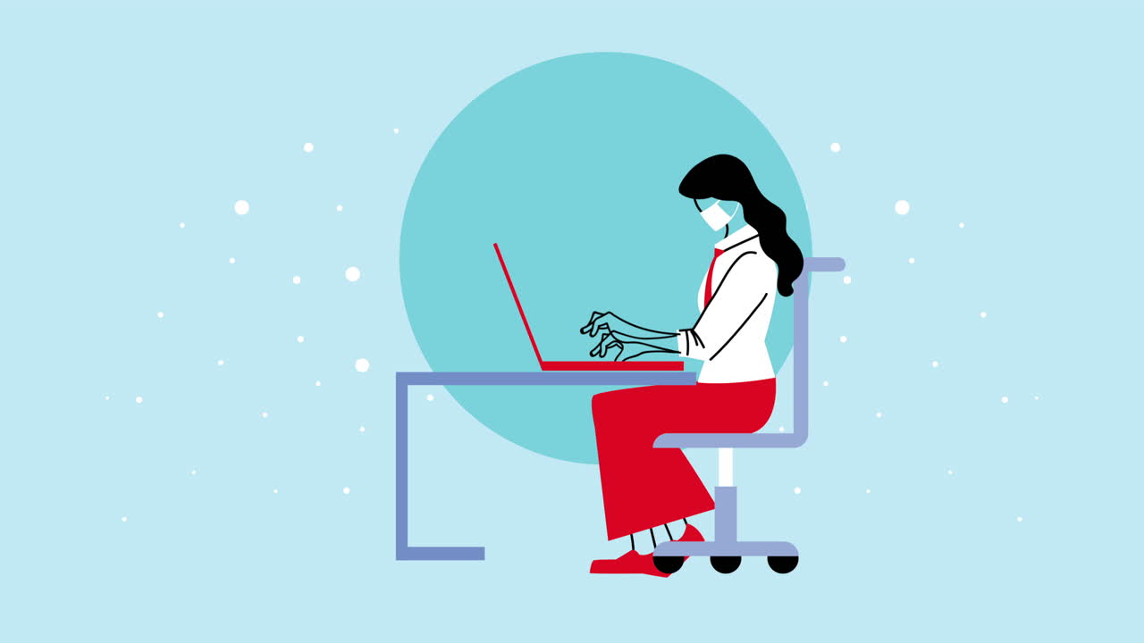 젊은 사업가 여성이 노트북을 사용하여 코로나19 예방을 위해 의료 마스크를 착용하고 있습니다.