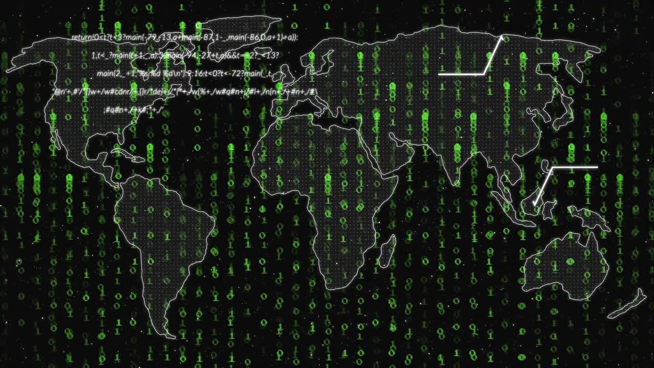 animación del procesamiento de datos y el mapa del mundo sobre fondo negro