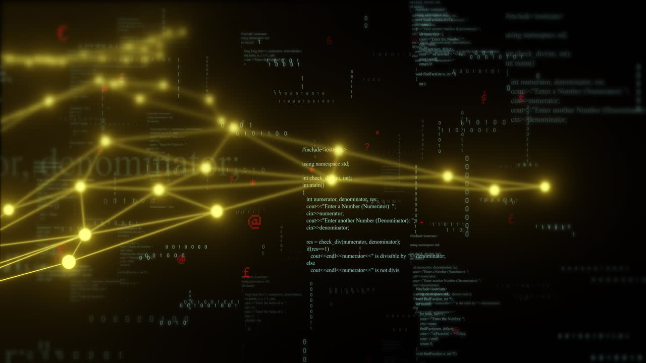 Network connections and data processing animation over dark background with code