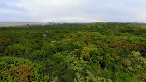 Movimiento-Hacia-Adelante-Sobre-La-Carretera-Y-El-Bosque-Hacia-El-Campo-De-Lava-En-La-Base-Del-Volcán-Kilauea-En-La-Isla-De-Hawaii-Con-Un-Arco-Iris-En-El-Fondo