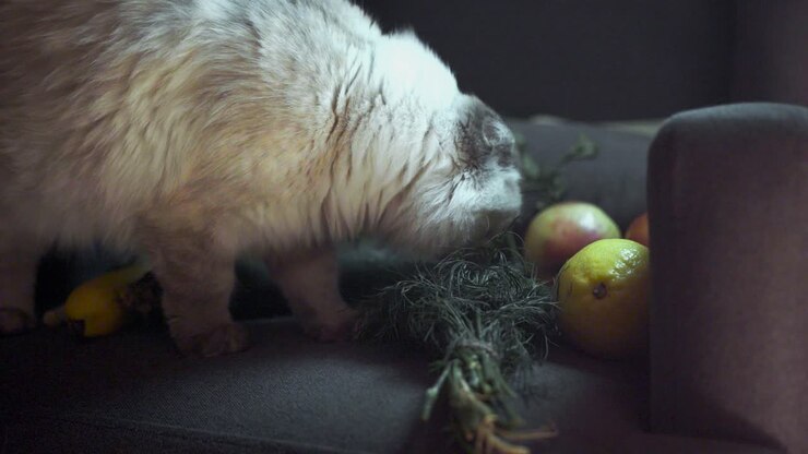 Katze erkundet eine Schüssel mit Obst und Gemüse