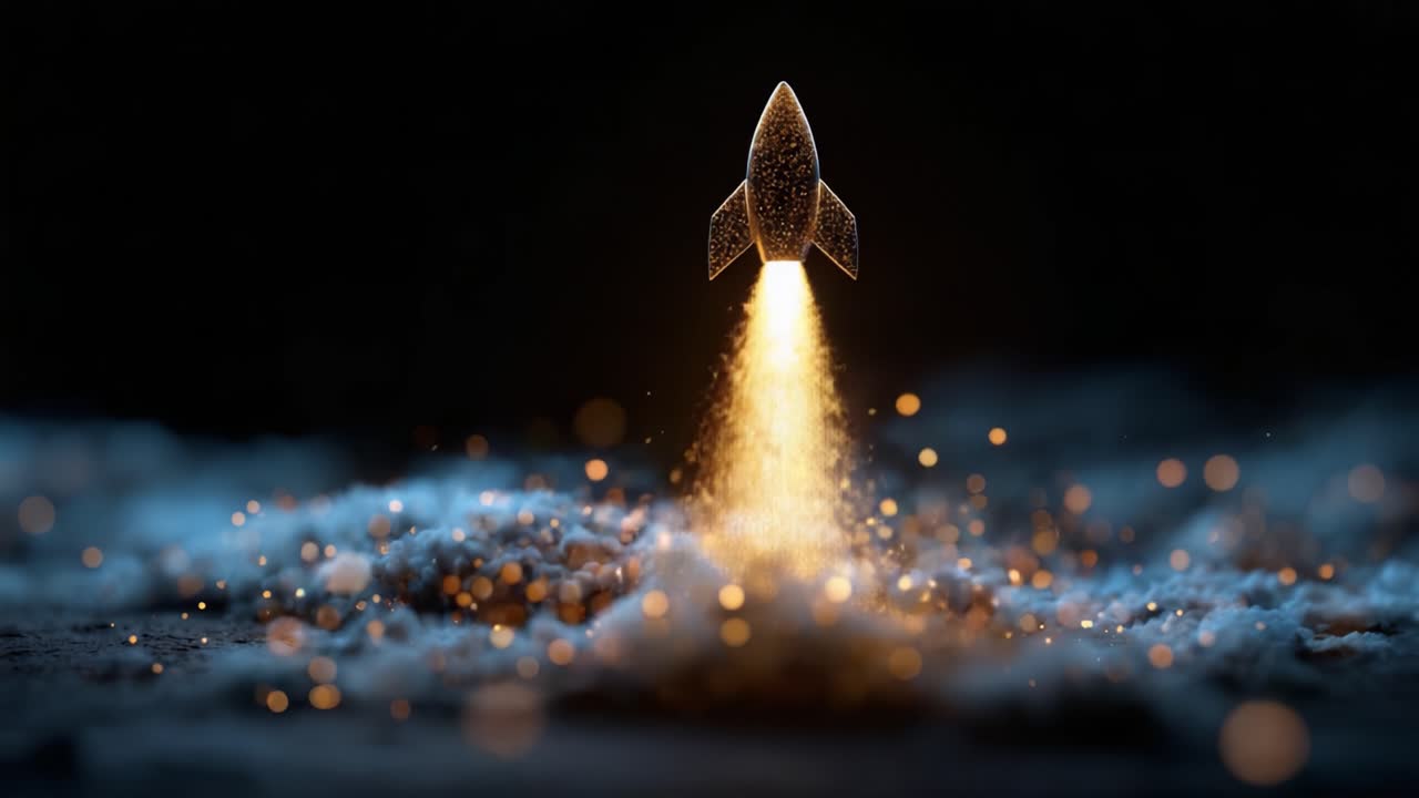 A Stunning Rocket Launch Animation with Glittering Sparks and Light, Capturing the Moment of Ascent Against a Dark Background for a Magical Aesthetic Effect