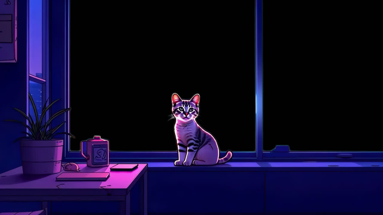 Cat infront of window live mockup, manga style animated overlay, transparent 4K video, alpha