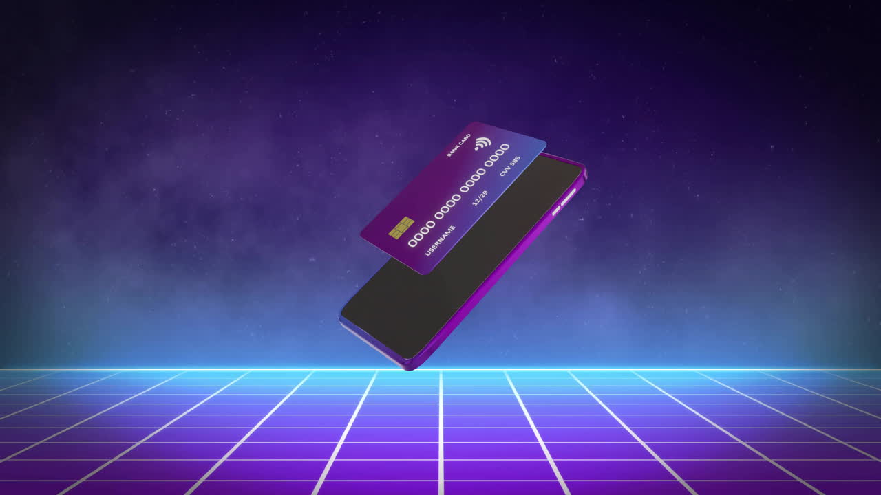 Animation of credit card and smartphone over black background