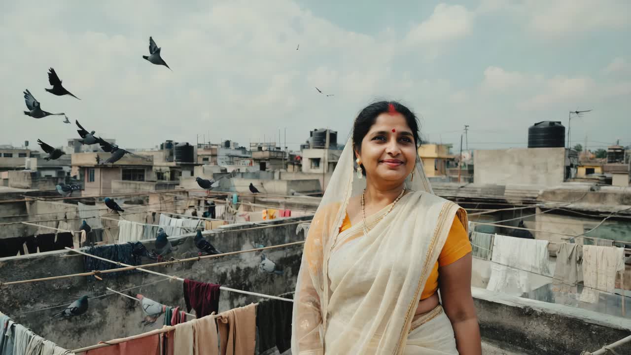 Indian woman wearing a traditional white sari stands on a rooftop, surrounded by clothes hanging on a line and pigeons flying in the sunny sky, embodying cultural heritage and everyday life