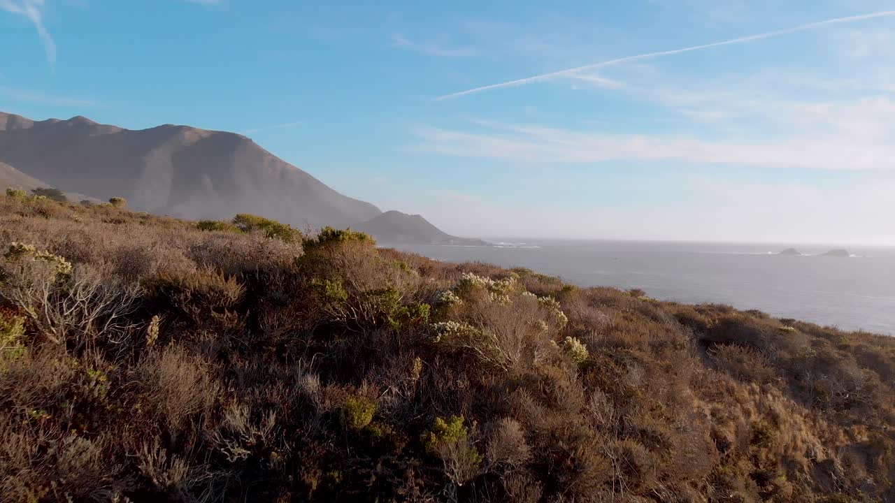 해가 질 때 풀이 무성한 해안 언덕과 절벽 위로 천천히 날아갑니다.