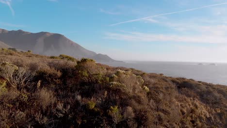 slow fly over grassy coastal hills and cliffs during sunset