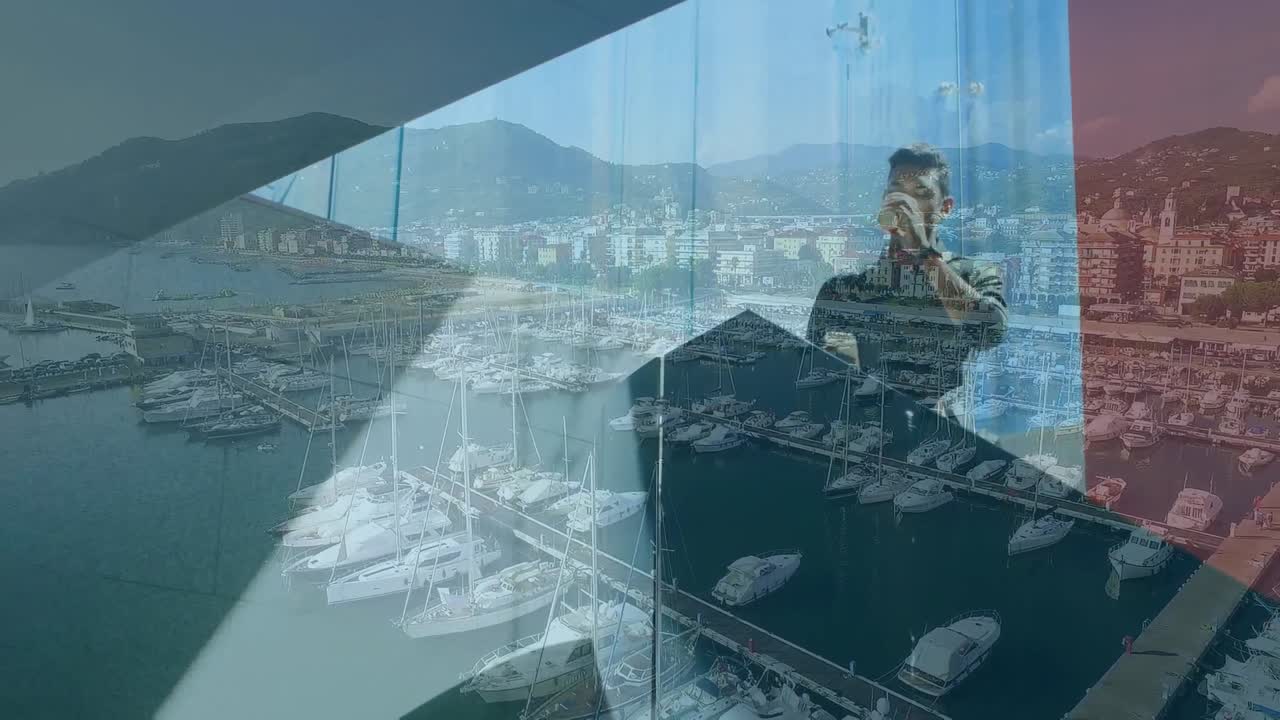 마리나 위에서 스마트폰을 사용하는 남자의 애니메이션