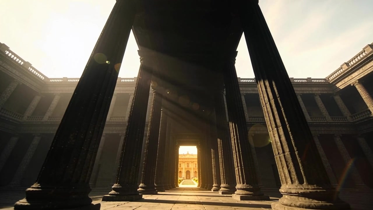 Columnas de piedra centrales enmarcando y atrayendo la vista a través del pórtico mientras aparece el sol, mostrando detalles de la fachada
