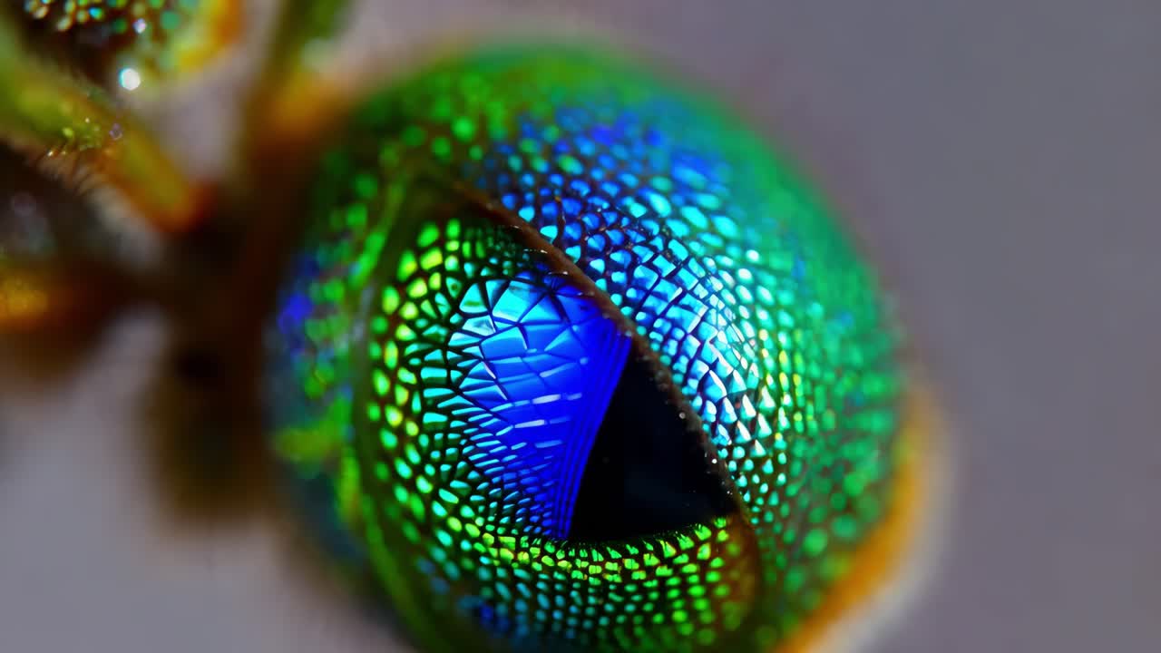 primer plano de un colorido ojo compuesto de insecto