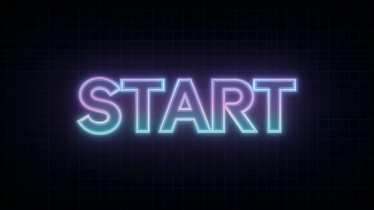 Opening neon START sign pulsating on virtual stage, signaling sequence start with retro grid