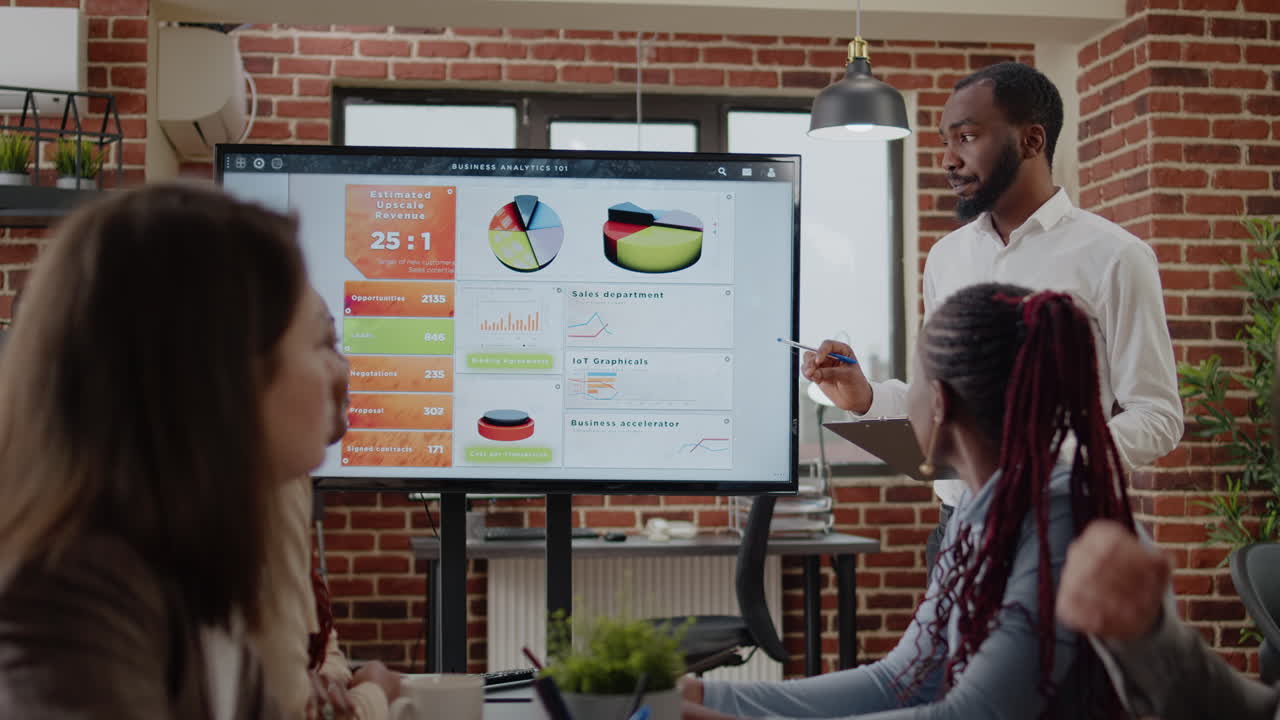 Company worker pointing at presentation on monitor