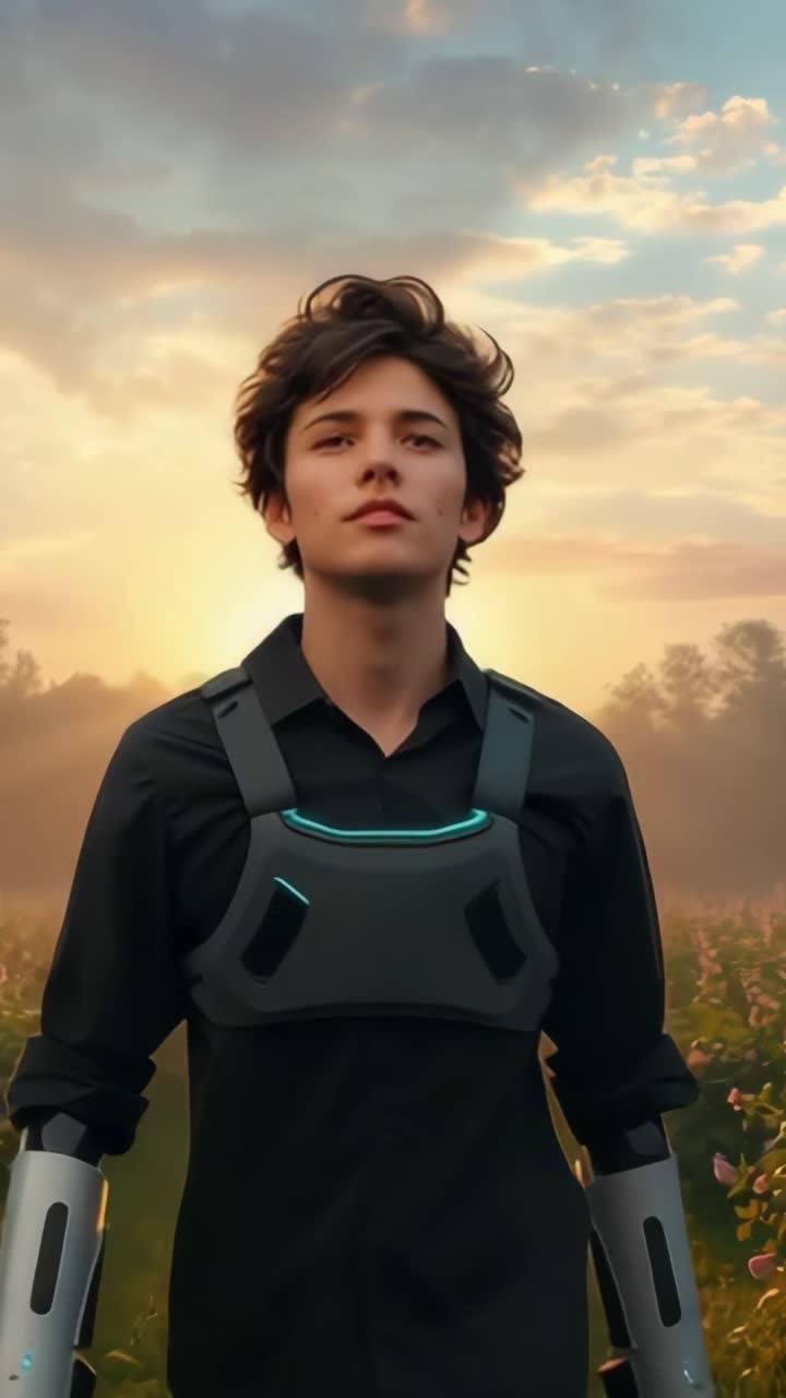 Vertical video: Sun rising inspiring teen lifting chin in meadow, with cyan harness and arm braces