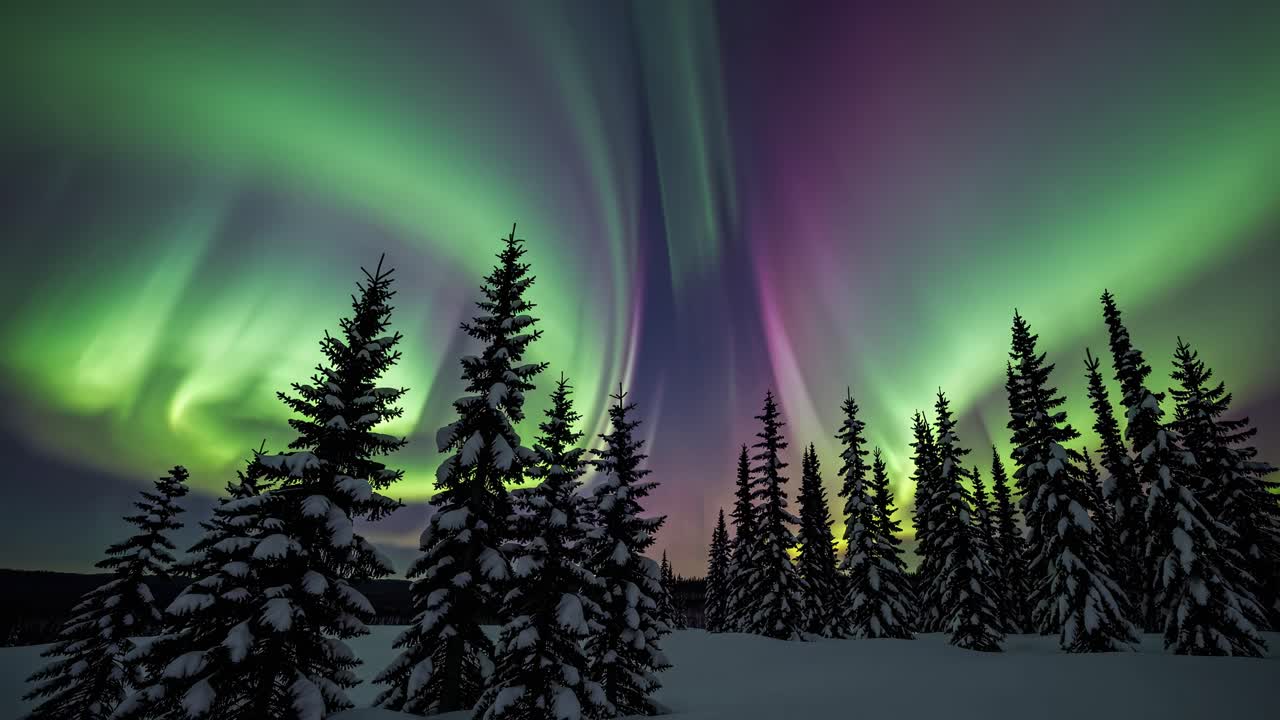A mesmerizing video captures the aurora borealis above snow-covered pines