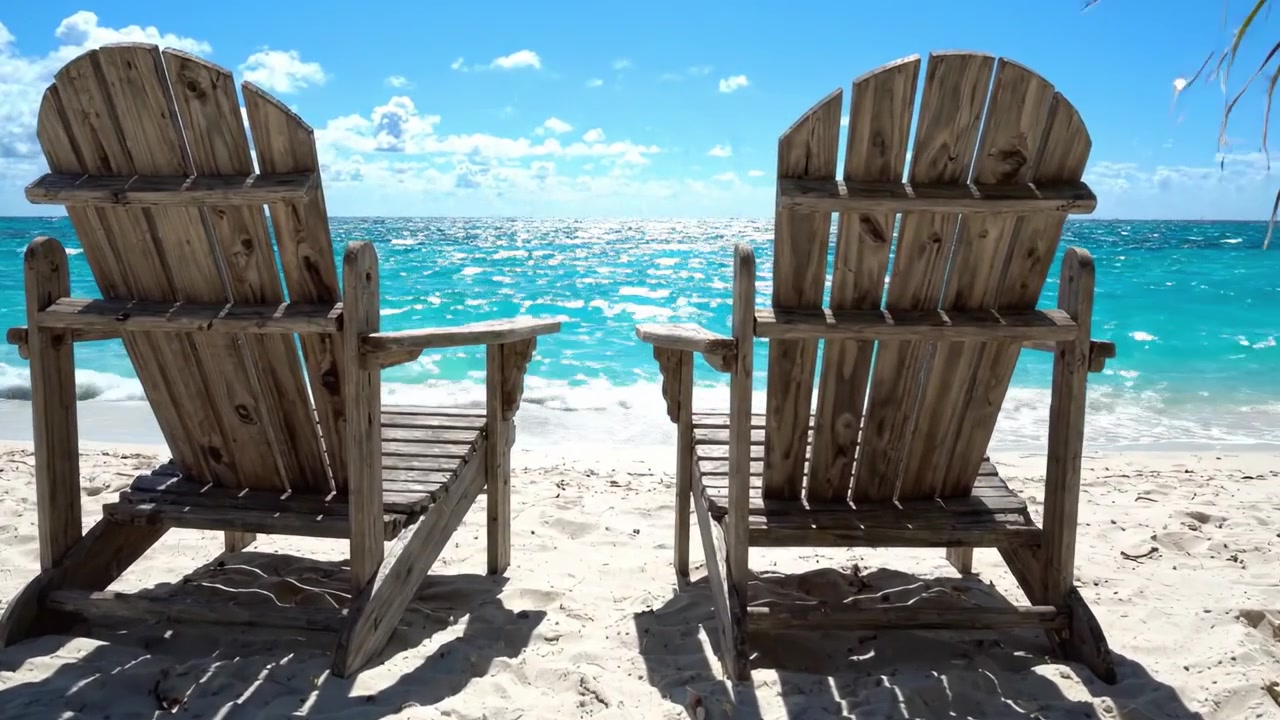 Idyllische Strandszene mit zwei rustikalen Holzstühlen mit Blick auf kristallklares türkisfarbenes Wasser und einen ruhigen Sandstrand unter strahlend blauem Himmel.