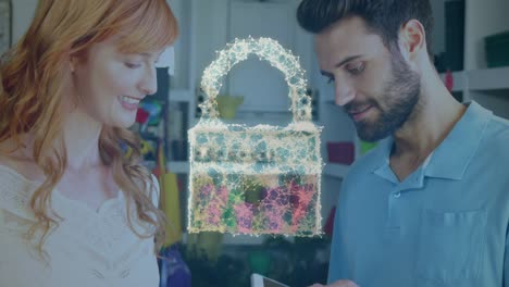 animation of network security padlock over people using payment terminal