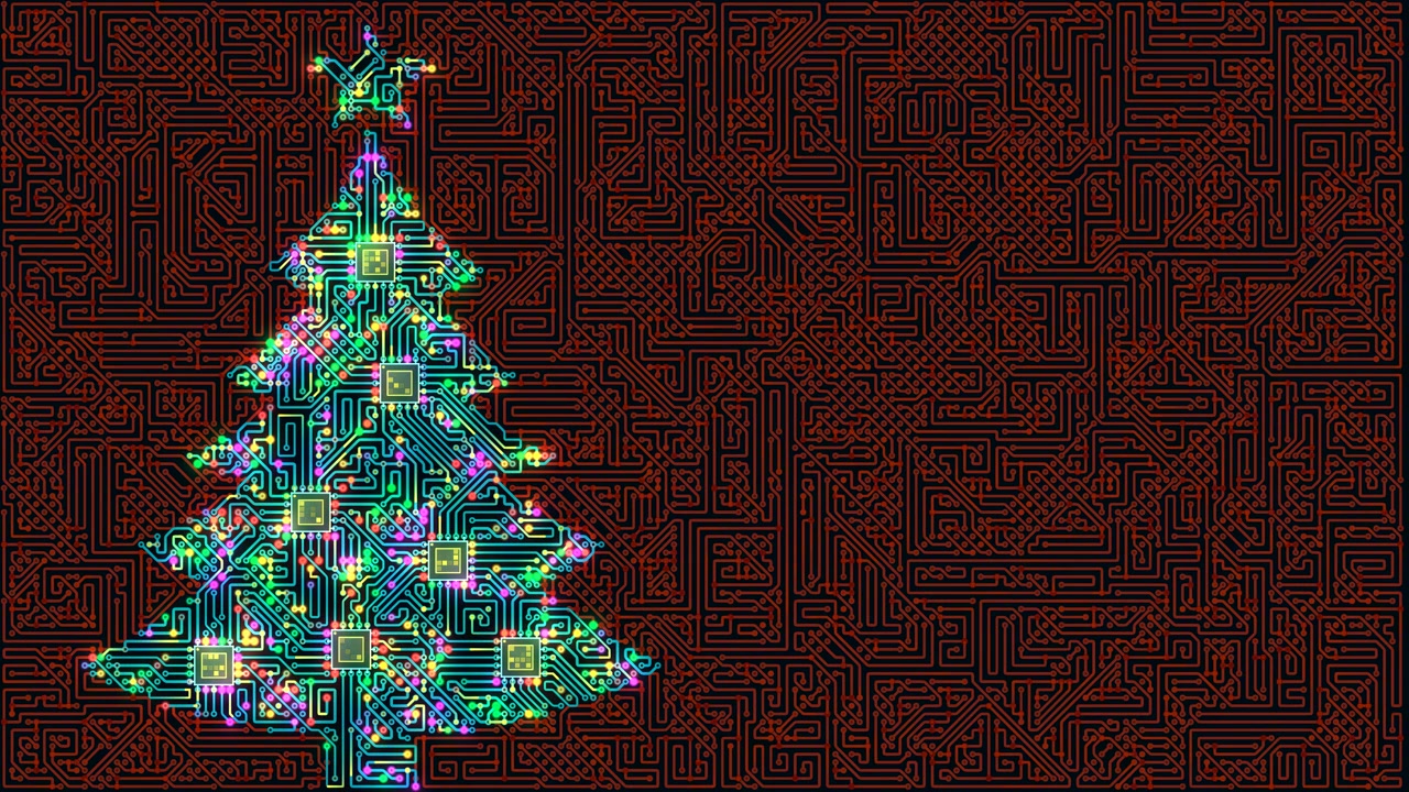 A futuristic holiday scene showcases a Christmas tree rendered in vibrant circuit board traces and glowing microchips.
