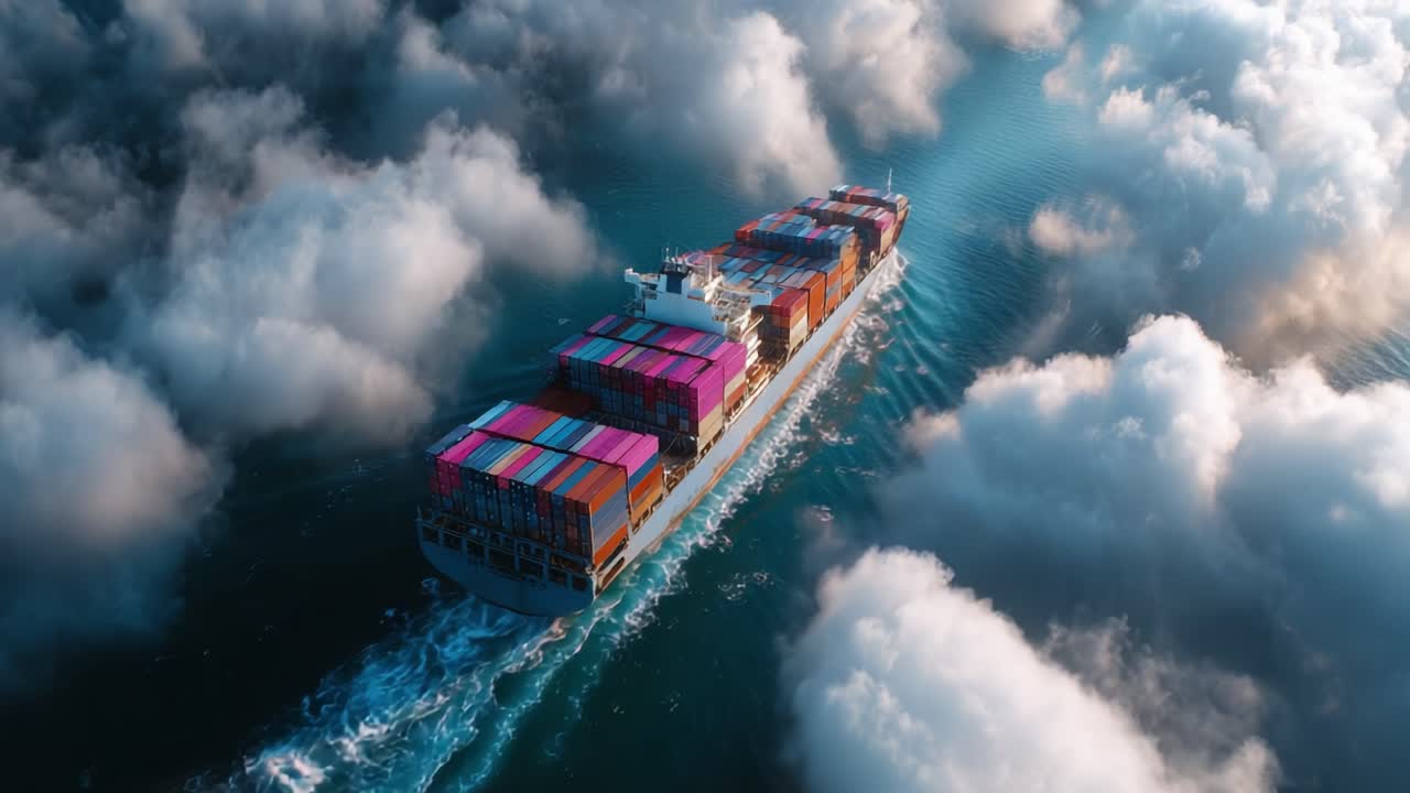 A Majestic Cargo Ship Navigates Through Billowing Clouds Above a Tranquil Ocean, Capturing the Essence of Modern Maritime Transport and Adventure